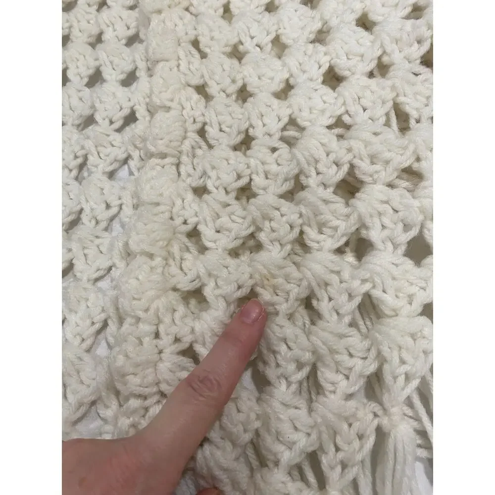 Vintage 70s Fringed Handmade Crocheted White & Cream Blanket Shawl Wrap